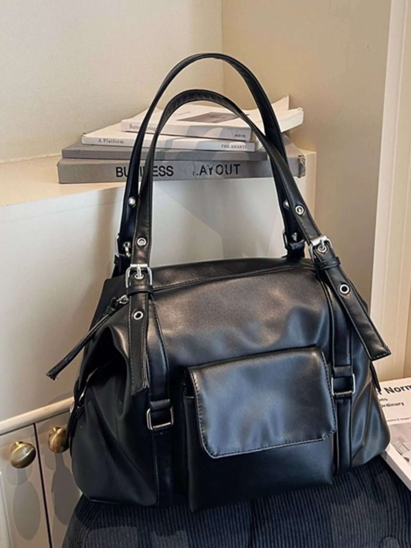 Sarah Express Large Multi Pocket Handbag - PU Leather Tote Bag with Organizer Compartments Black ONESIZE