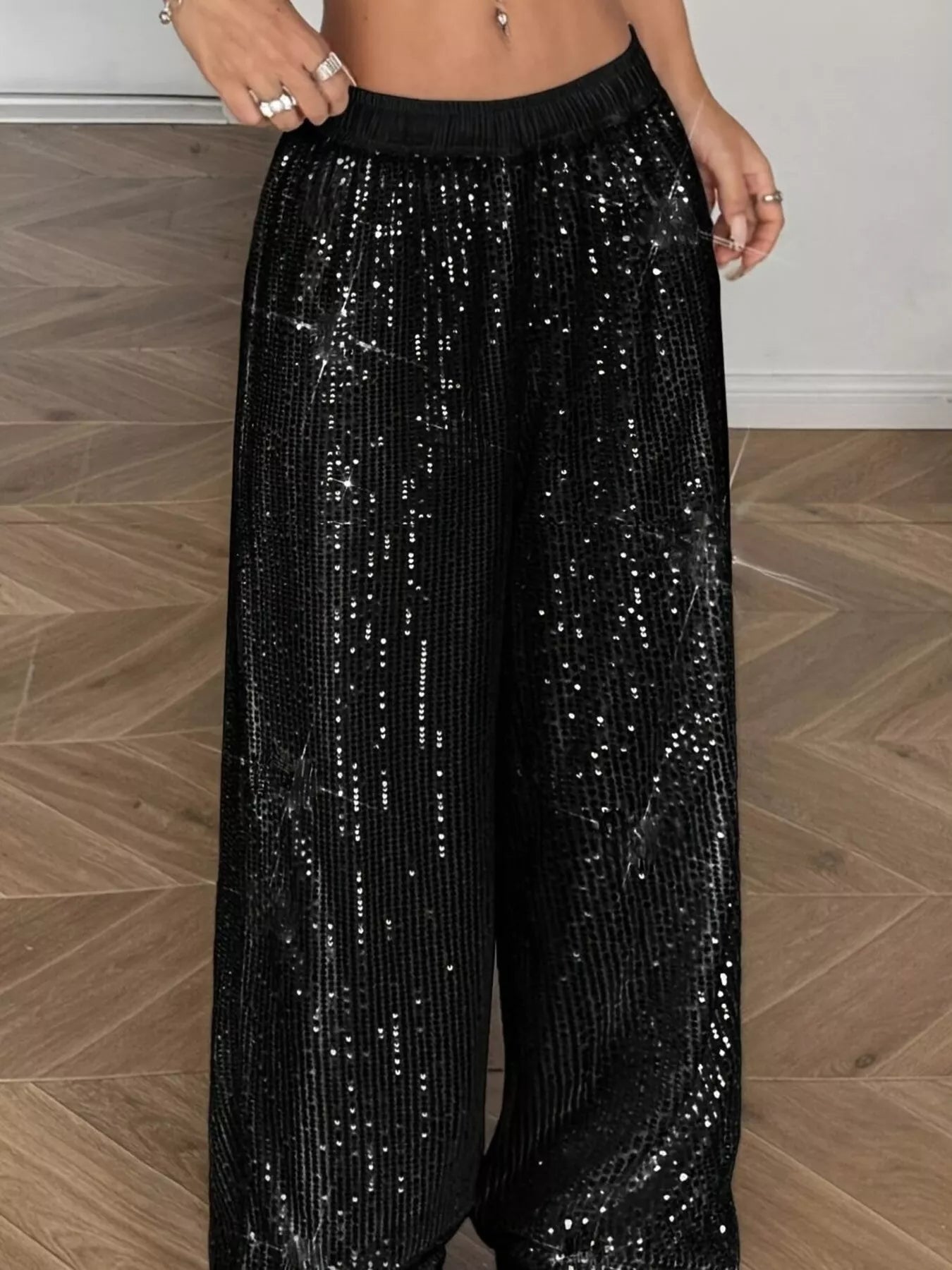 Sarah Express Sequin Wide Leg Pants High Waist Sparkle Trousers