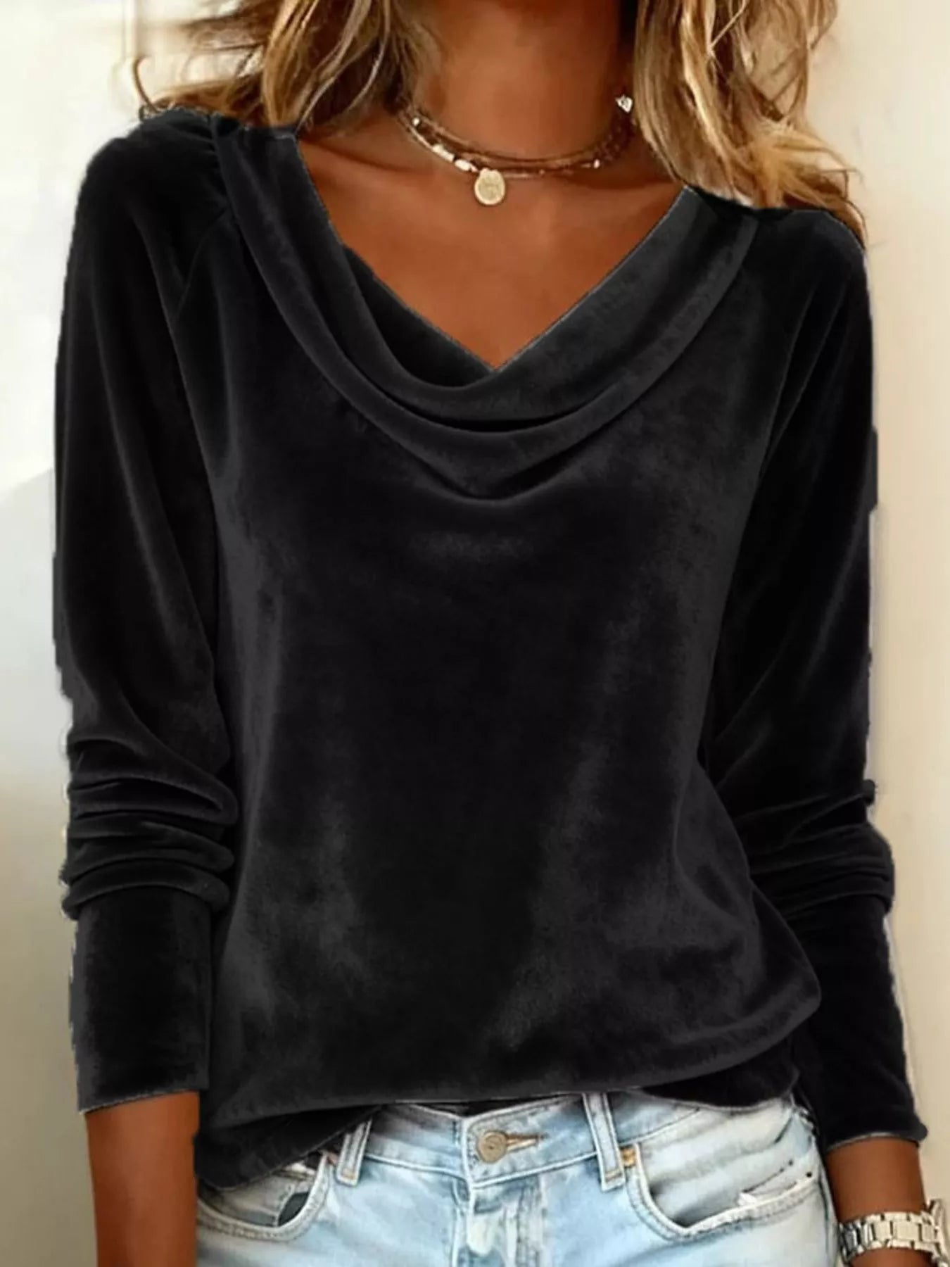 Sarah Express Women's Velvet Cowl Neck Long Sleeve T-Shirt Black