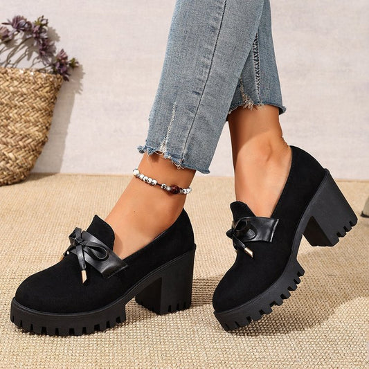 Sarah Express Women's French Loafer Suede Slip-on Shoes - Chunky Heel Pumps with Striped Design