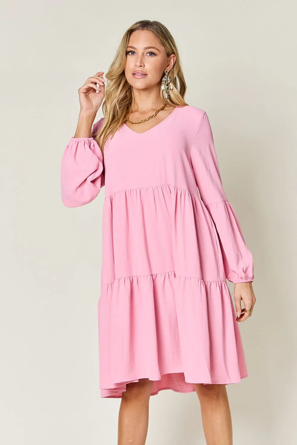 Sarah Express Women’s Plus Size V-Neck Balloon Sleeve Tiered Dress
