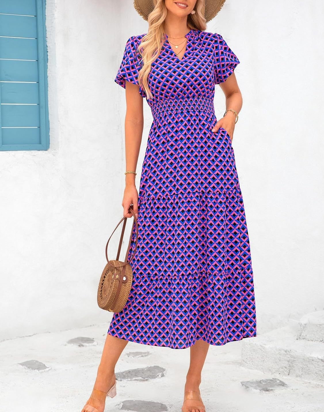 Sarah Express Floral V-Neck Bubble Pleated Maxi Dress Elastic Waist Short Sleeve