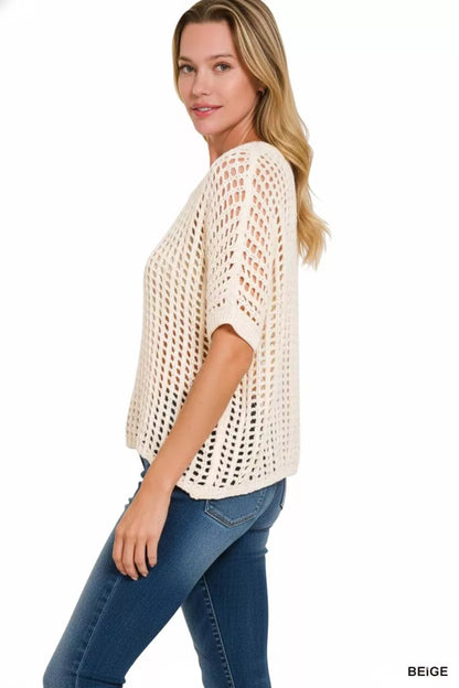 Sarah Express Women's Crochet Fishnet Cover Up - Short Sleeve Beach Knit Top