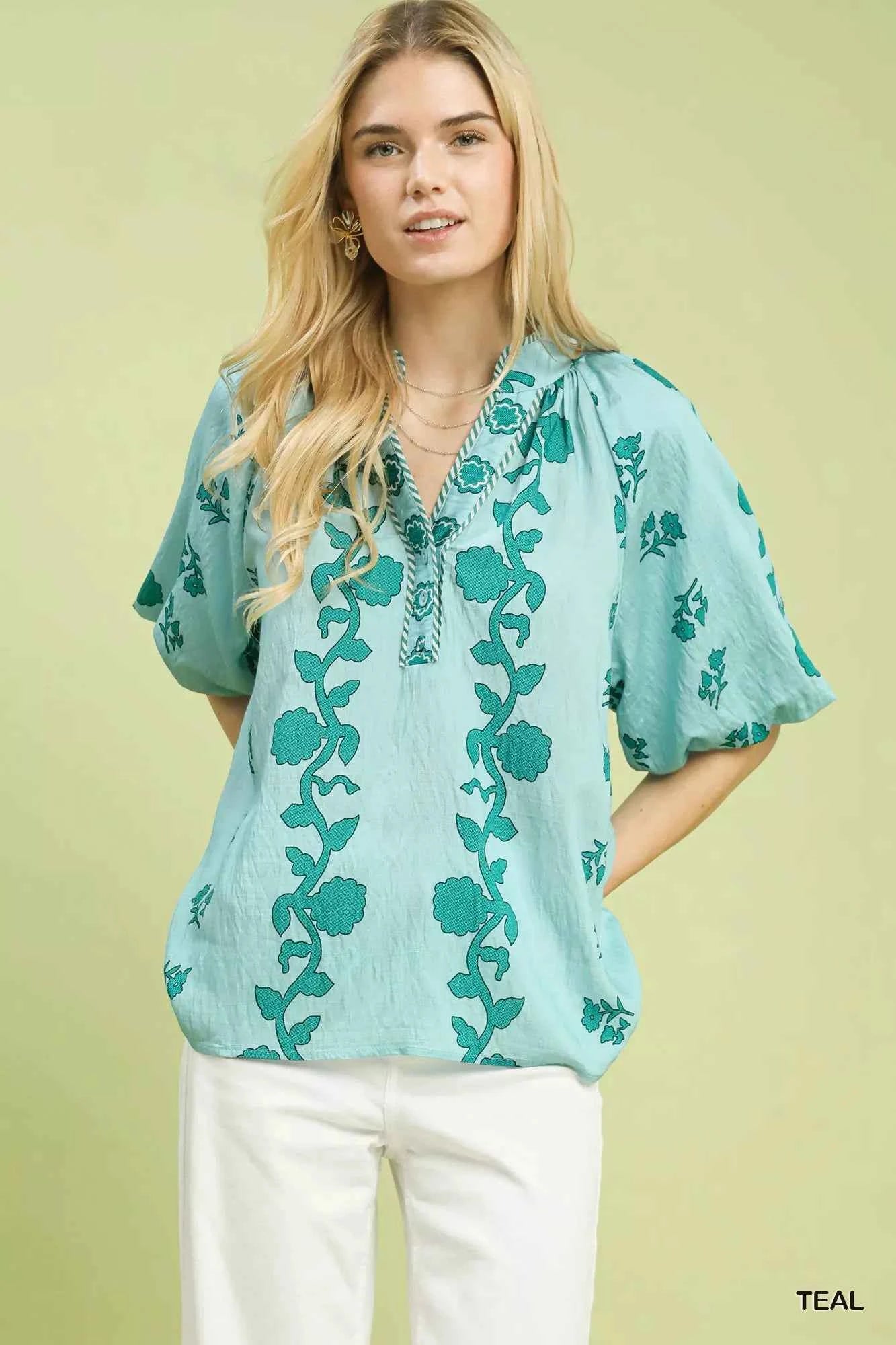Sarah Express Women's Floral Print Collared Top - Short Sleeve Button Front Blouse TEAL
