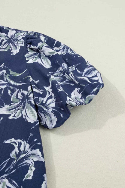 Sarah Express Women's Floral Print Puff Sleeve V-Neck Blouse with Striped Trim