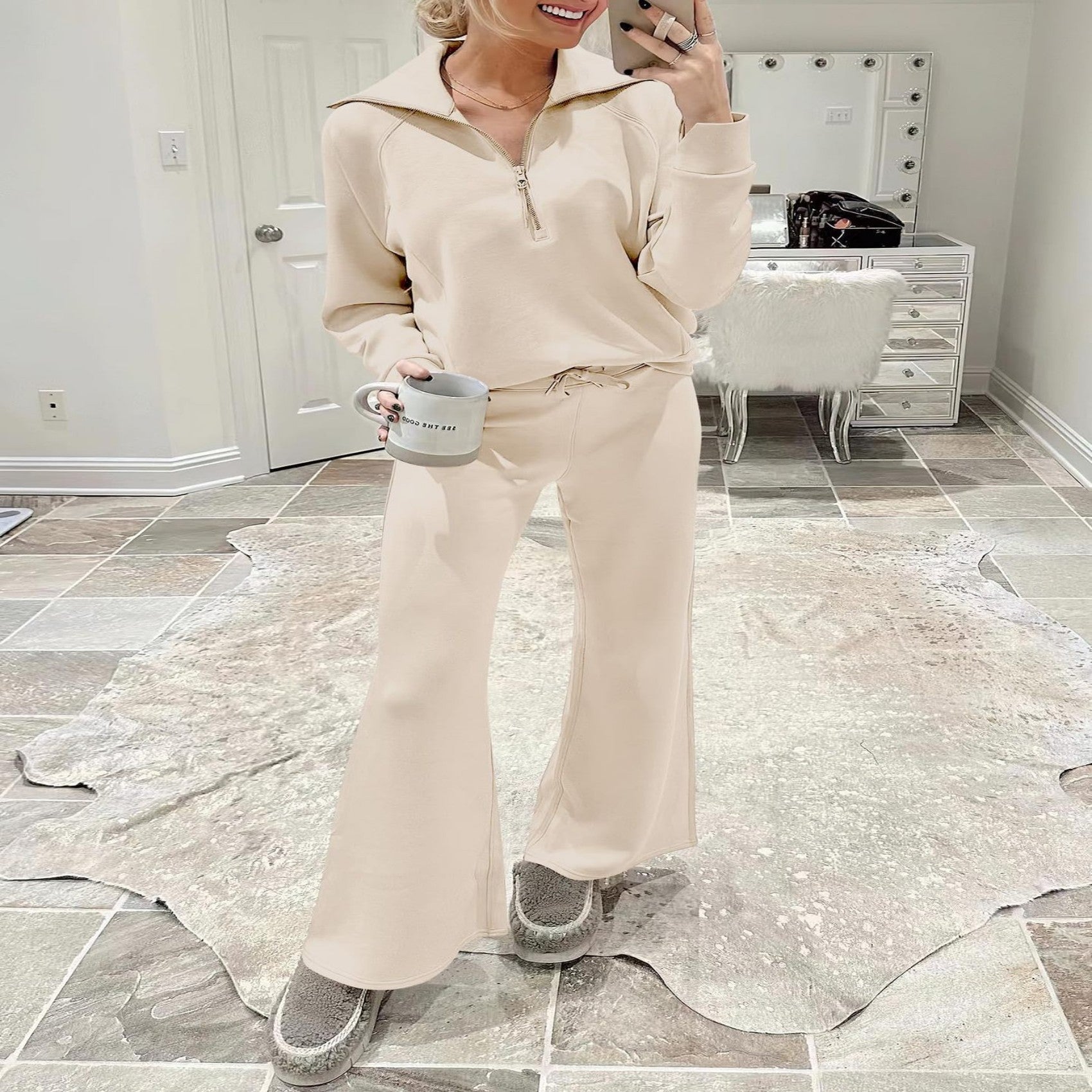Sarah Express Women's Long Sleeve Zipper Sweatshirt and Wide-Leg Pants Athleisure Set