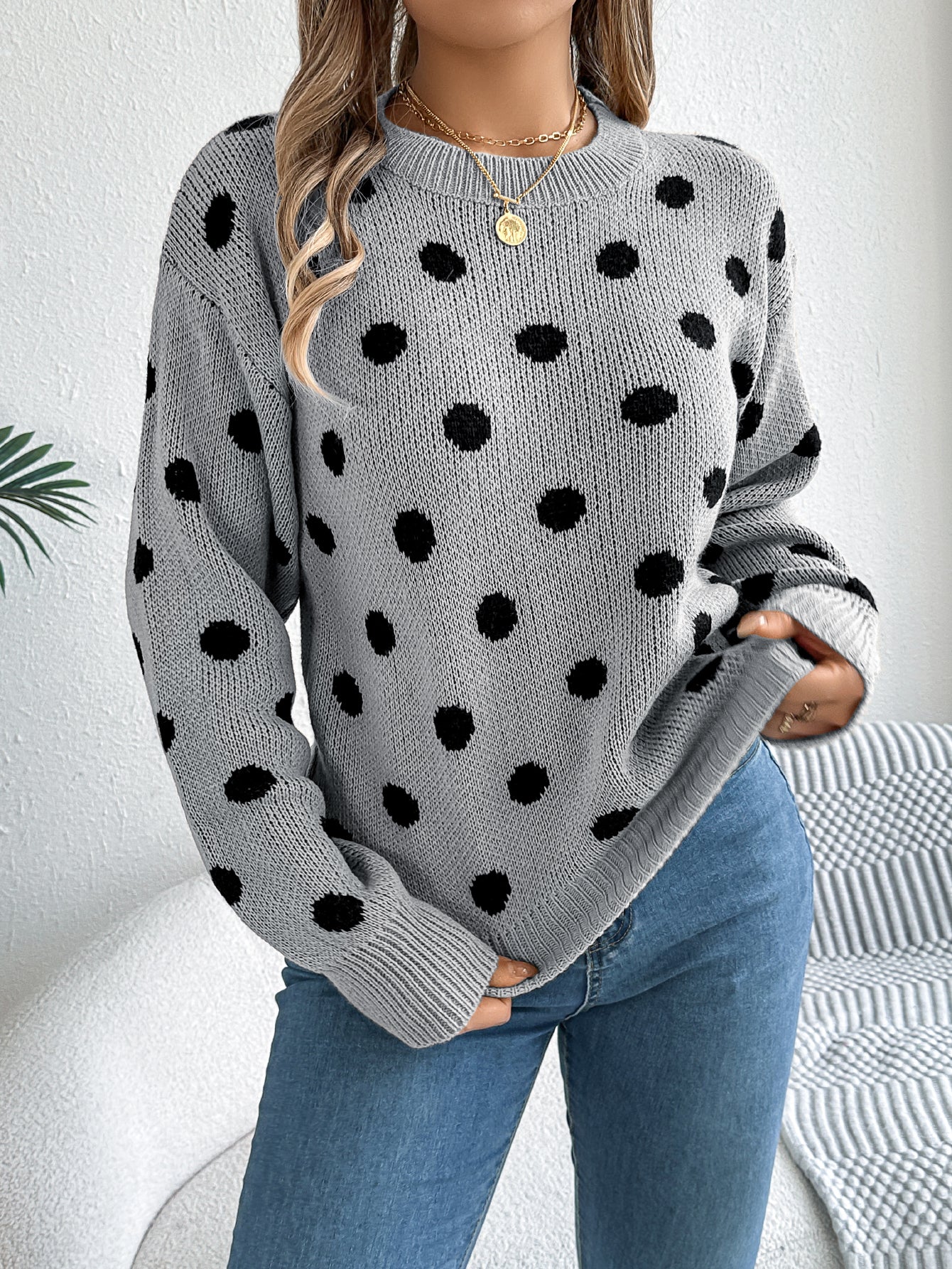 Sarah Express Women's Casual Color Block Polka Dot Pullover Sweater - Long Sleeve Knit Top Gray