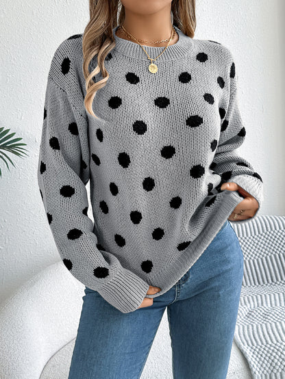 Sarah Express Women's Casual Color Block Polka Dot Pullover Sweater - Long Sleeve Knit Top Gray