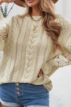 Sarah Express Women's Openwork Round Neck Long Sleeve Sweater