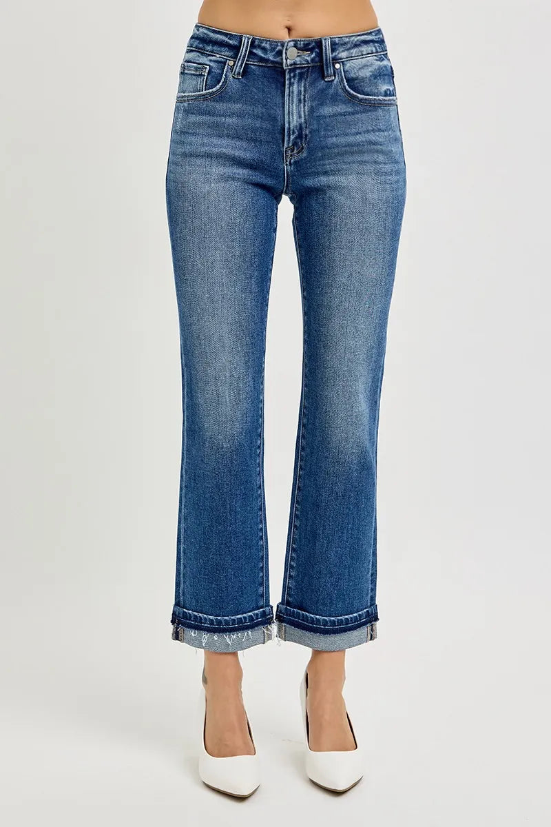 Sarah Express Women’s Mid Rise Cuffed Ankle Straight Jeans
