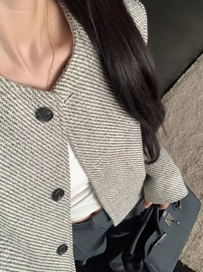 Sarah Express Women's Button Up Tweed Cropped Jacket