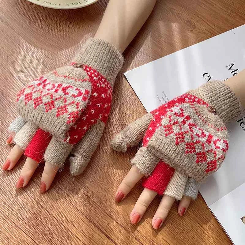 Sarah Express Women's Convertible Knit Gloves with Nordic Pattern - Fingerless Mittens