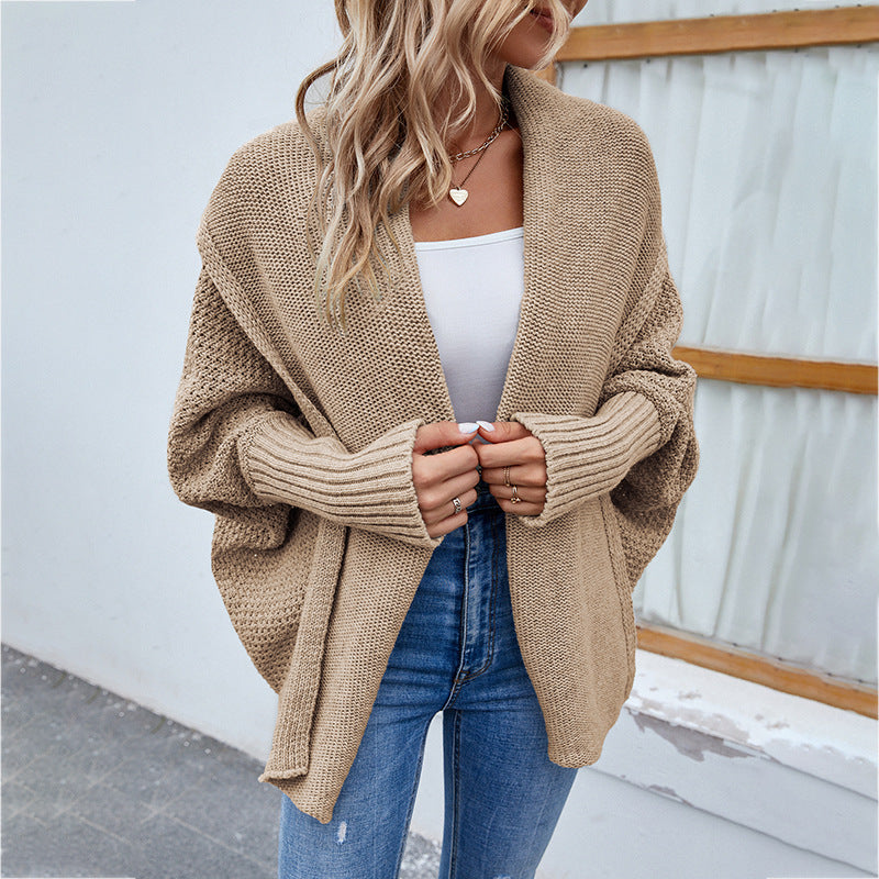 Sarah Express Women's Oversized Knit Cardigan - Batwing Sleeve Open Front Sweater Jacket Khaki