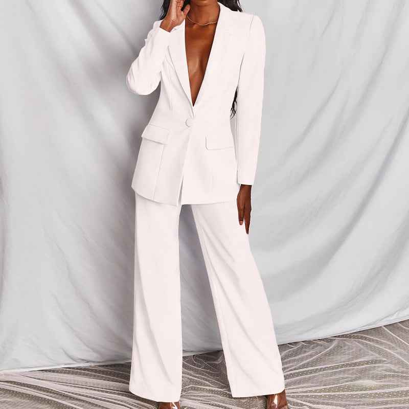 Sarah Express Women's Two Piece Blazer Suit Set - Lapel Button Down Jacket & Straight Leg Pants White