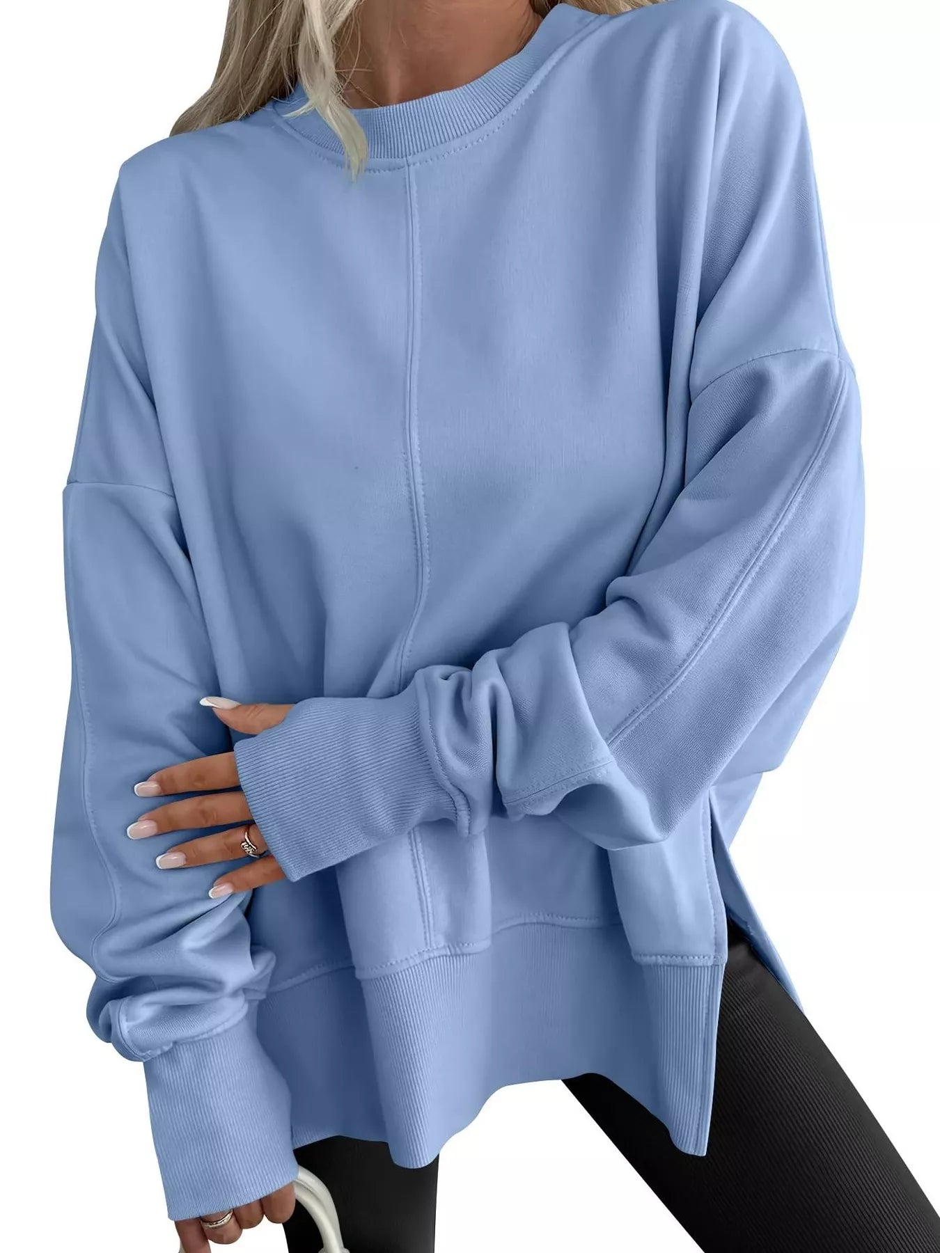 Sarah Express Women's Side Slit Round Neck Long Sleeve Sweatshirt Light Blue