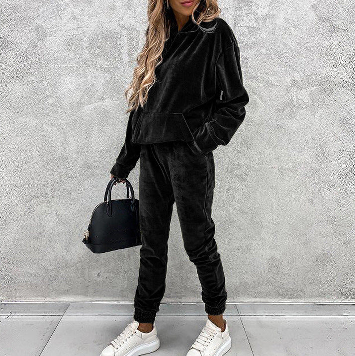 Sarah Express Velvet Hoodie Jogger Set Two-Piece Athleisure Tracksuit