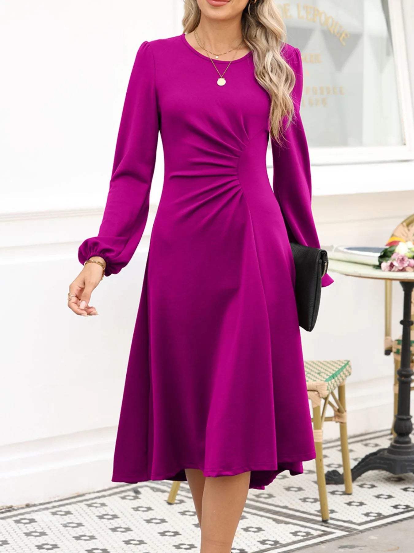 Sarah Express Women's Solid Color Ruched Detail Long Sleeve Midi Dress