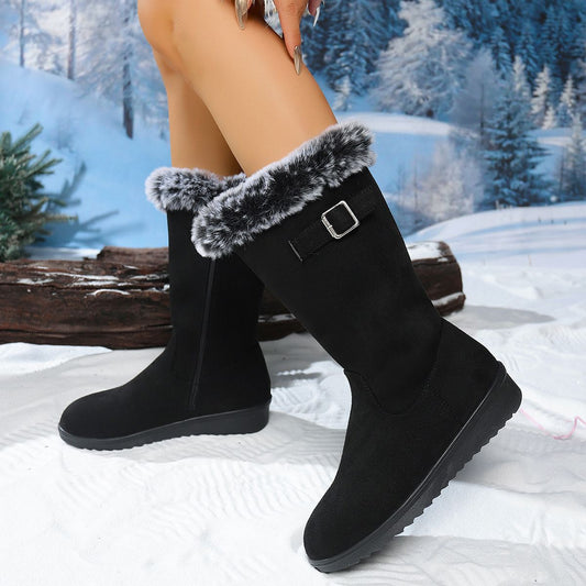 Sarah Express Women's Winter Snow Boots | Chunky Sole Furry Warm Flat Boots with Button Detail | Black & Gray