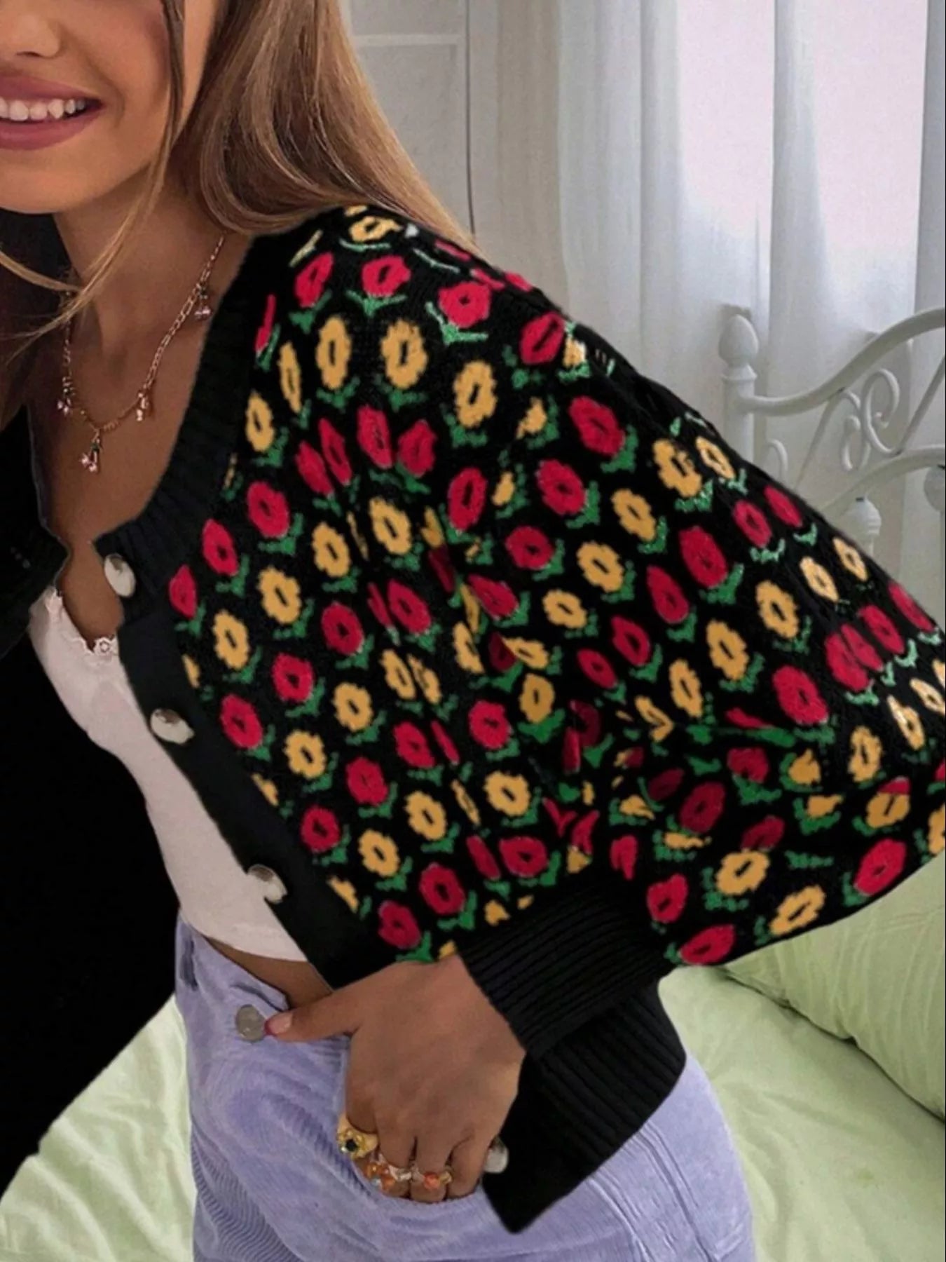 Sarah Express Women's Floral Button Up Long Sleeve Cardigan