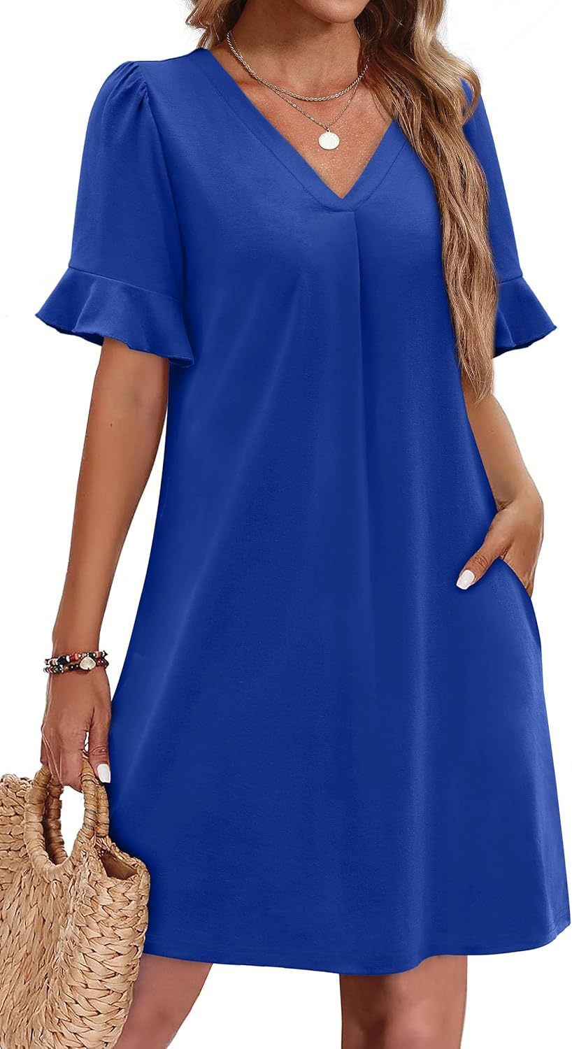 Sarah Express Women's V-Neck Ruffled A-Line Dress with Pockets Vacation Casual Short Sleeve