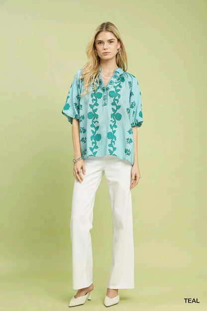 Sarah Express Women's Floral Print Collared Top - Short Sleeve Button Front Blouse