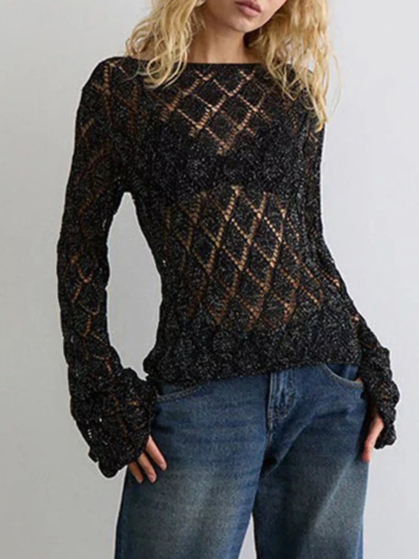 Sarah Express Women's Openwork Long Sleeve Sweater