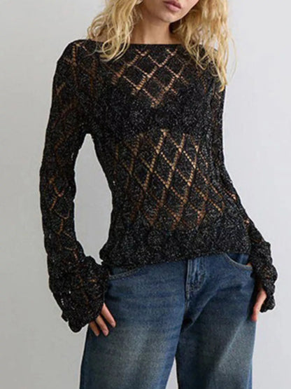 Sarah Express Women's Openwork Long Sleeve Sweater