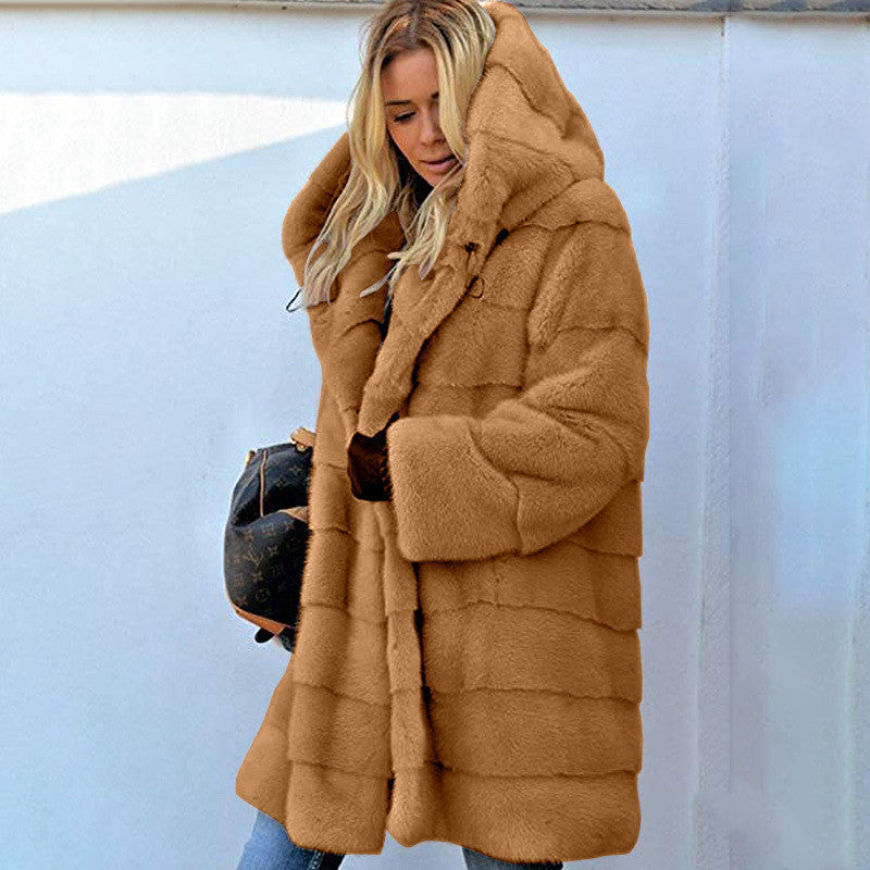 Sarah Express Plush Faux Fur Hooded Coat Loose Fit Medium Length