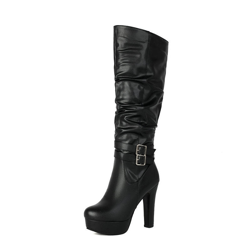 Sarah Express Women's Black Chunky Heel Over-the-Knee Boots - Waterproof Platform High Boots with Side Zipper Black