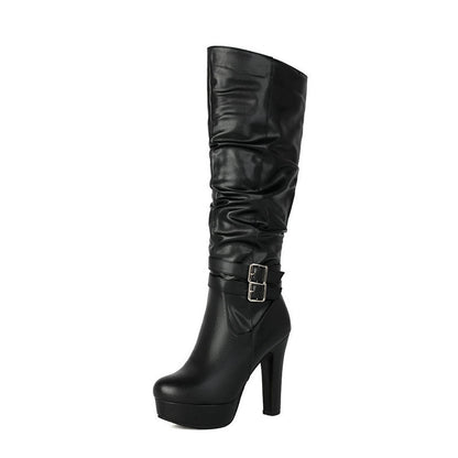 Sarah Express Women's Black Chunky Heel Over-the-Knee Boots - Waterproof Platform High Boots with Side Zipper Black