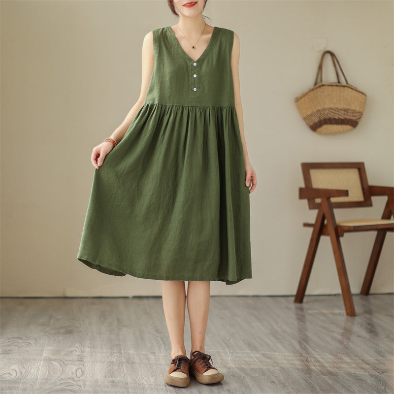 Sarah Express Women's Cotton Linen V-Neck Sleeveless Midi Dress Japanese Style Loose Fit Summer