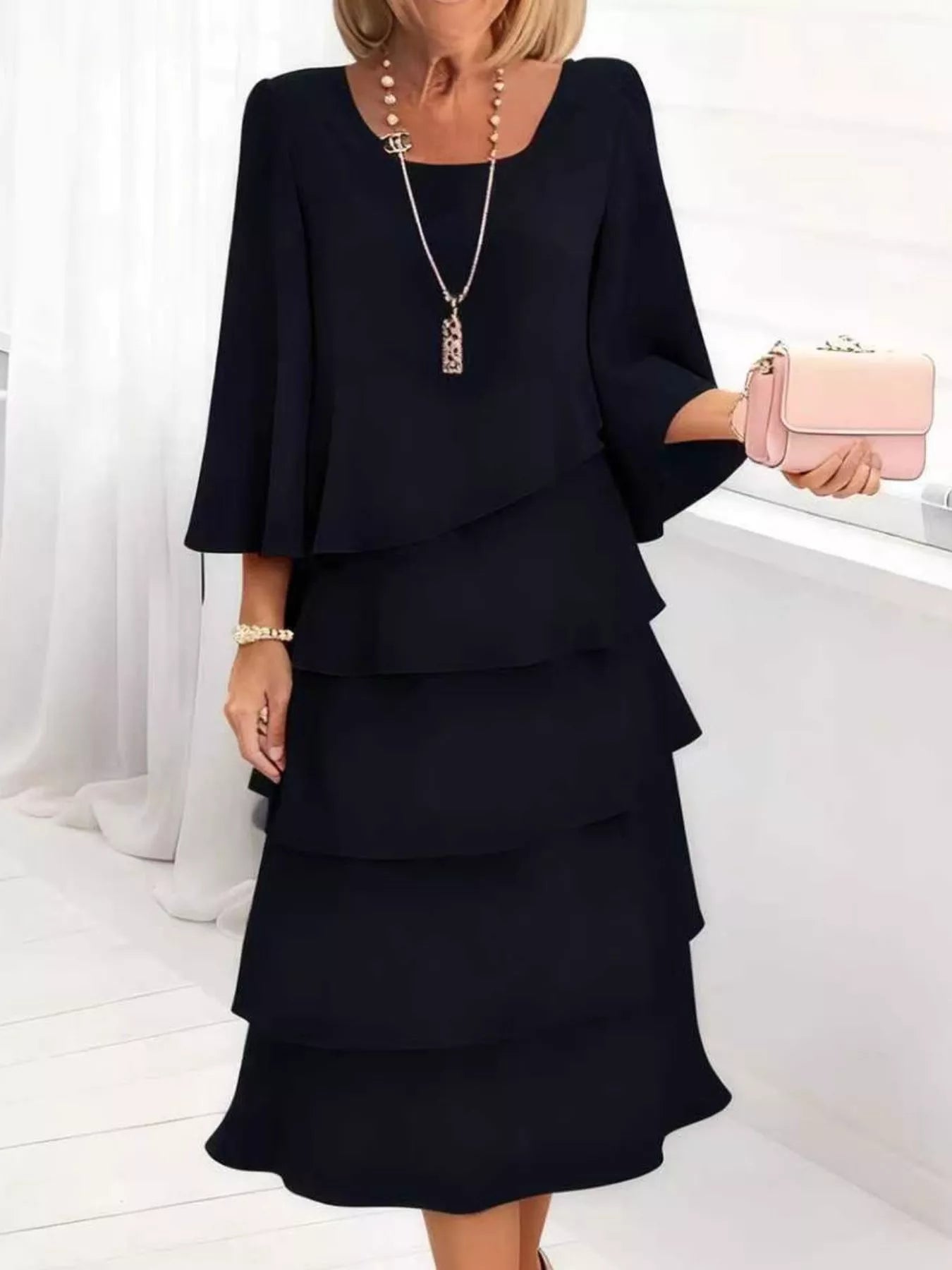 Sarah Express Women's Ruffled Layered 3/4 Sleeve Dress Plus Size Black