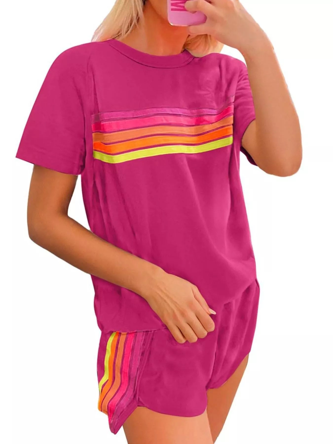 Sarah Express Women's Rainbow Striped Two Piece Set - Round Neck Top & Shorts Lounge Set