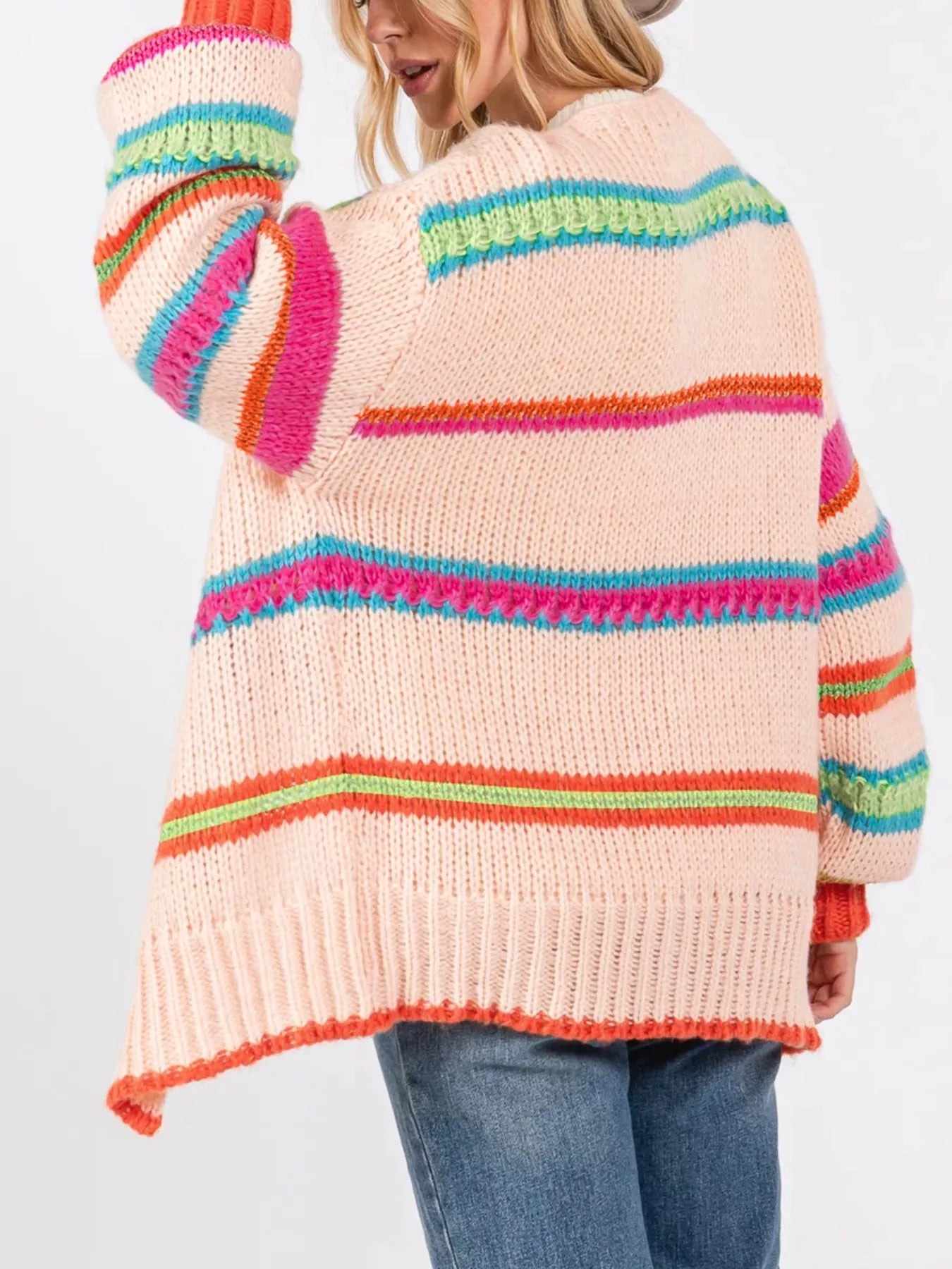 Sarah Express Women's Open Front Striped Pattern Knit Oversize Cardigan