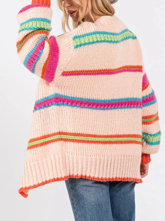 Sarah Express Women's Open Front Striped Pattern Knit Oversize Cardigan