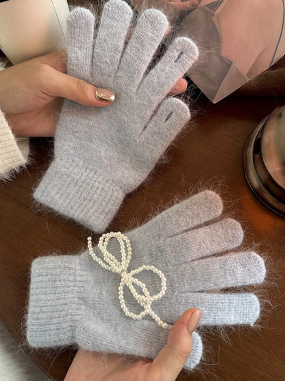 Sarah Express Women's Pearl Embellished Knit Gloves - Winter Fashion Accessory Sky Blue ONESIZE