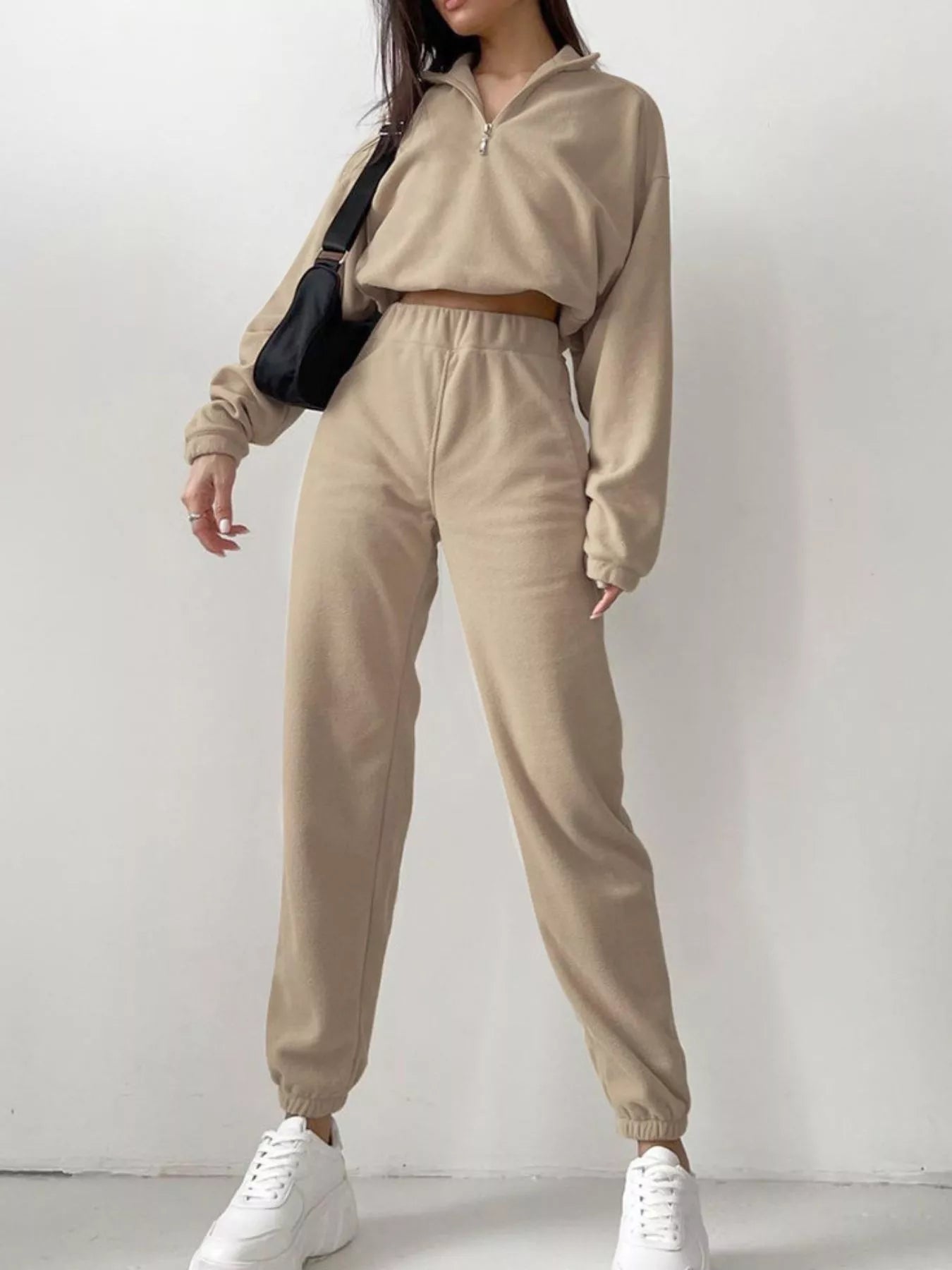 Sarah Express Women's Half Zip Sweatshirt and Pants Set Tan