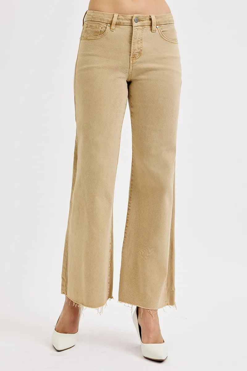 Sarah Express Women’s Plus Size Khaki Cropped Wide Leg Jeans with Raw Hem
