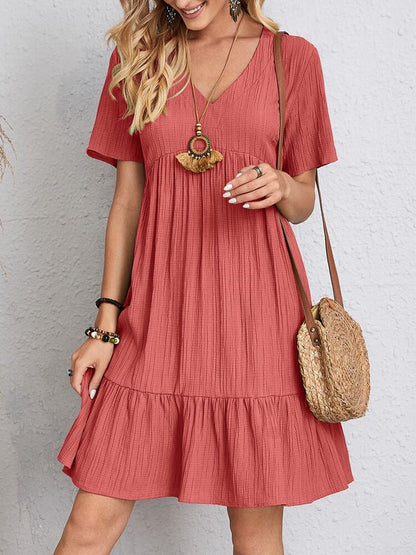 Sarah Express Women's V-Neck Ruffled Summer Dress - Casual Loose Beach Dress with Short Sleeves Red