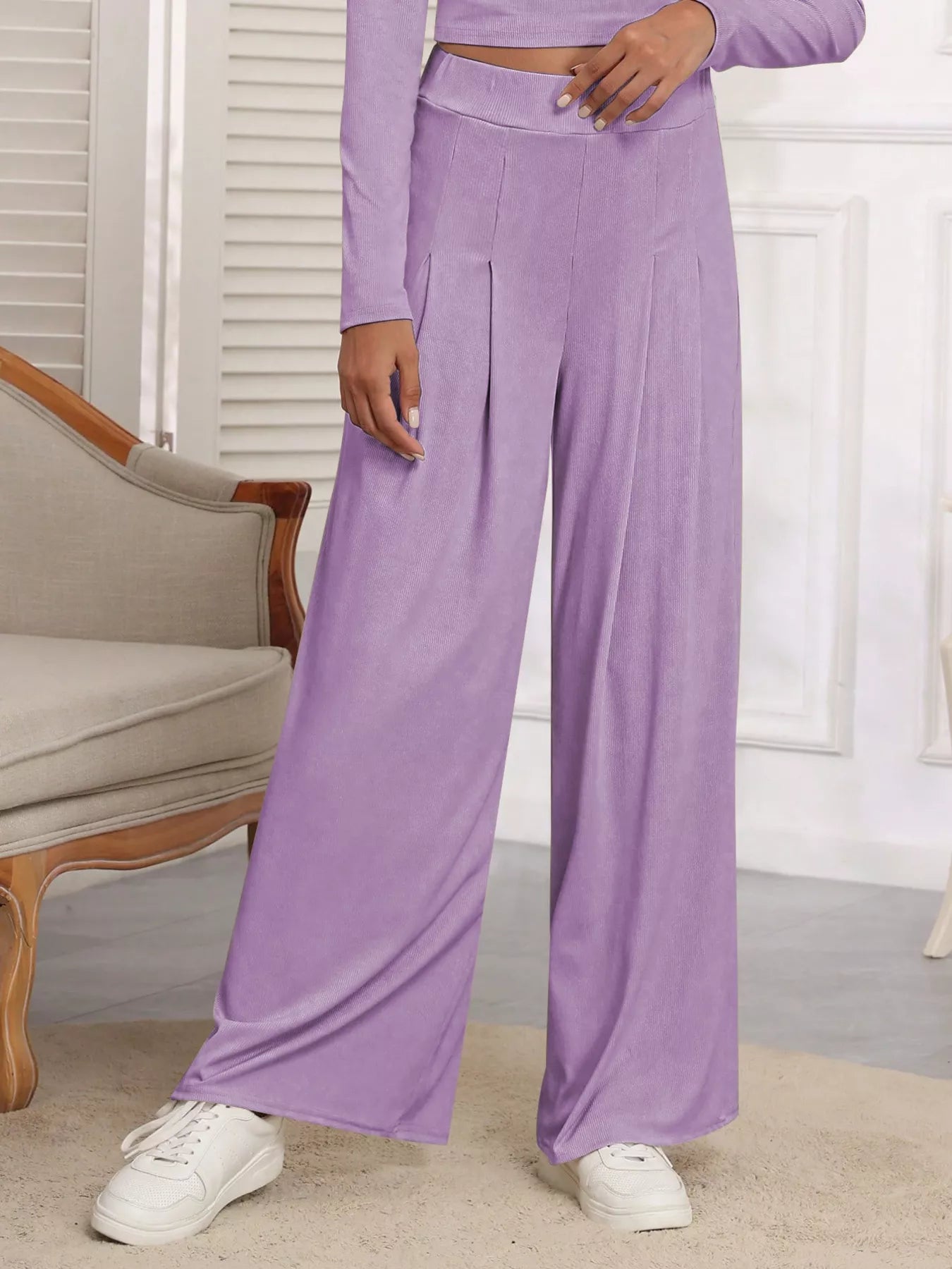 Sarah Express Women's Casual Long Sleeve Crop Top and Wide Leg Pants Set