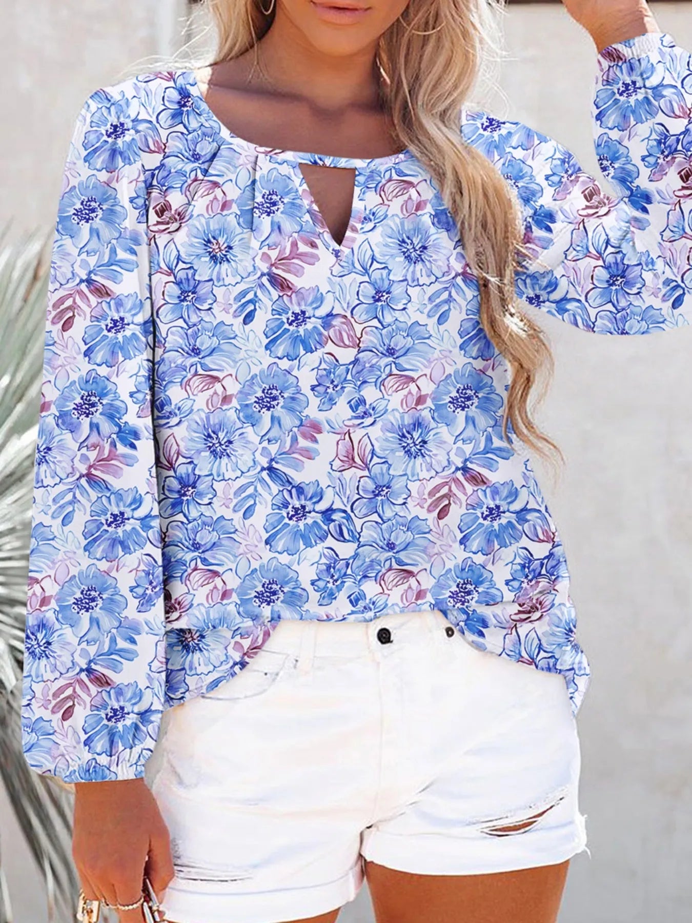 Sarah Express Women's Floral Print Keyhole Neck Blouse Light Blue