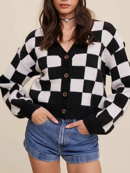 Sarah Express Women's Checkerboard Pattern Button-Down Cardigan Black