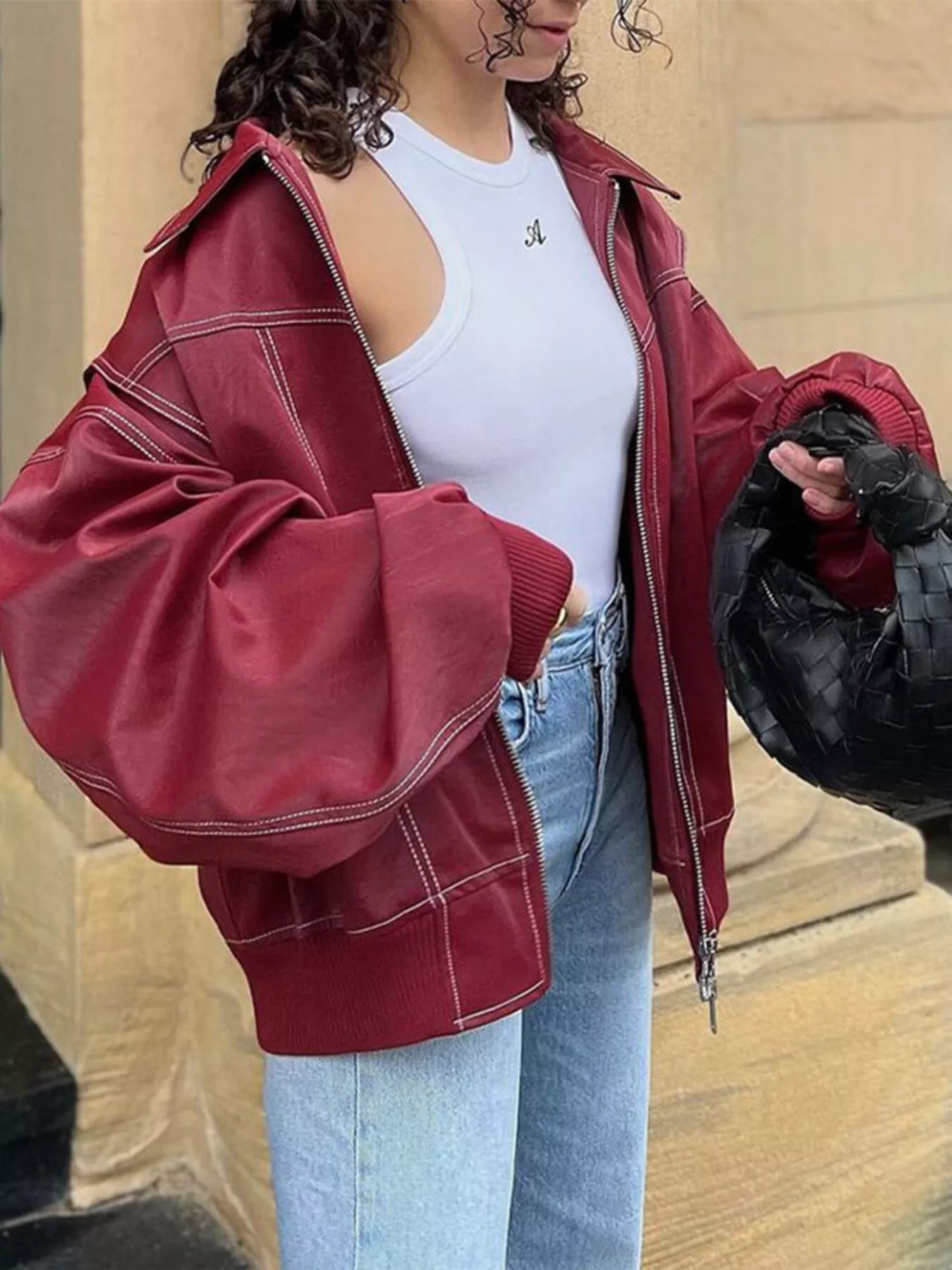 Sarah Express Women's Oversized Zip Up Jacket - Dropped Shoulder Casual Outerwear