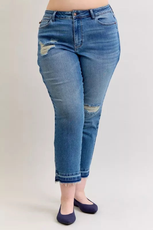 Sarah Express Women’s Plus Size Distressed Boyfriend Jeans with Patch & Repair
