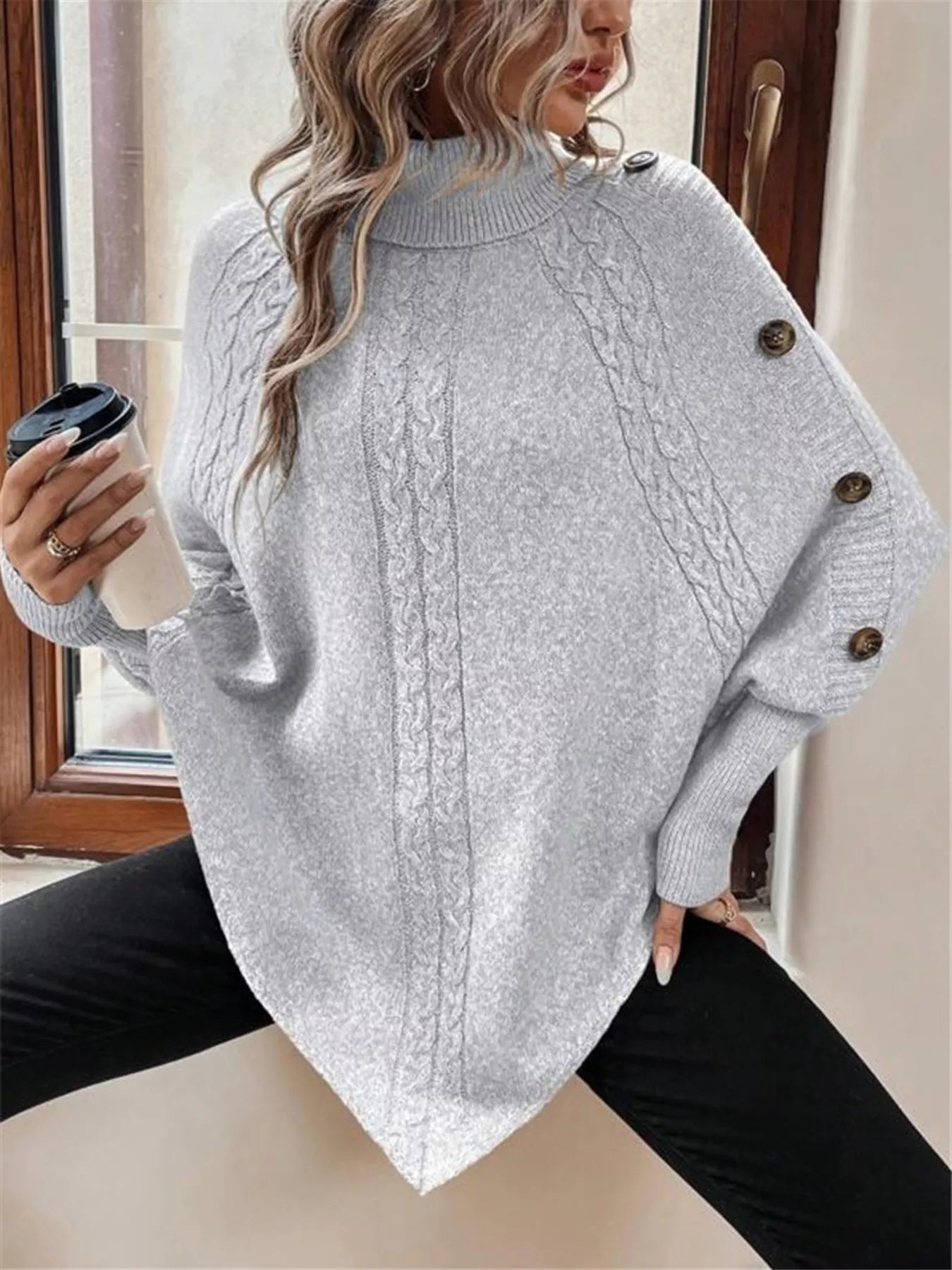 Sarah Express Women's Cable Knit Turtleneck Cape Sweater