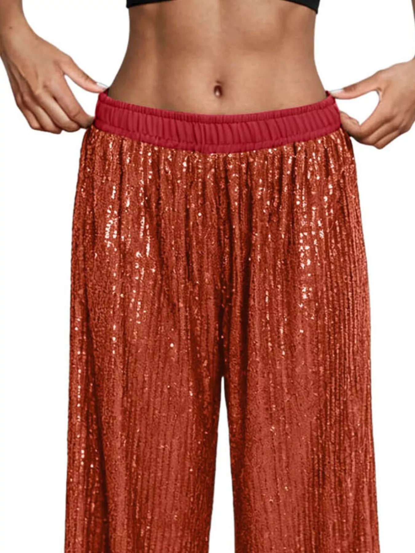 Sarah Express Women's Sequin Wide Leg Pants - High Waist Sparkle Palazzo Trousers
