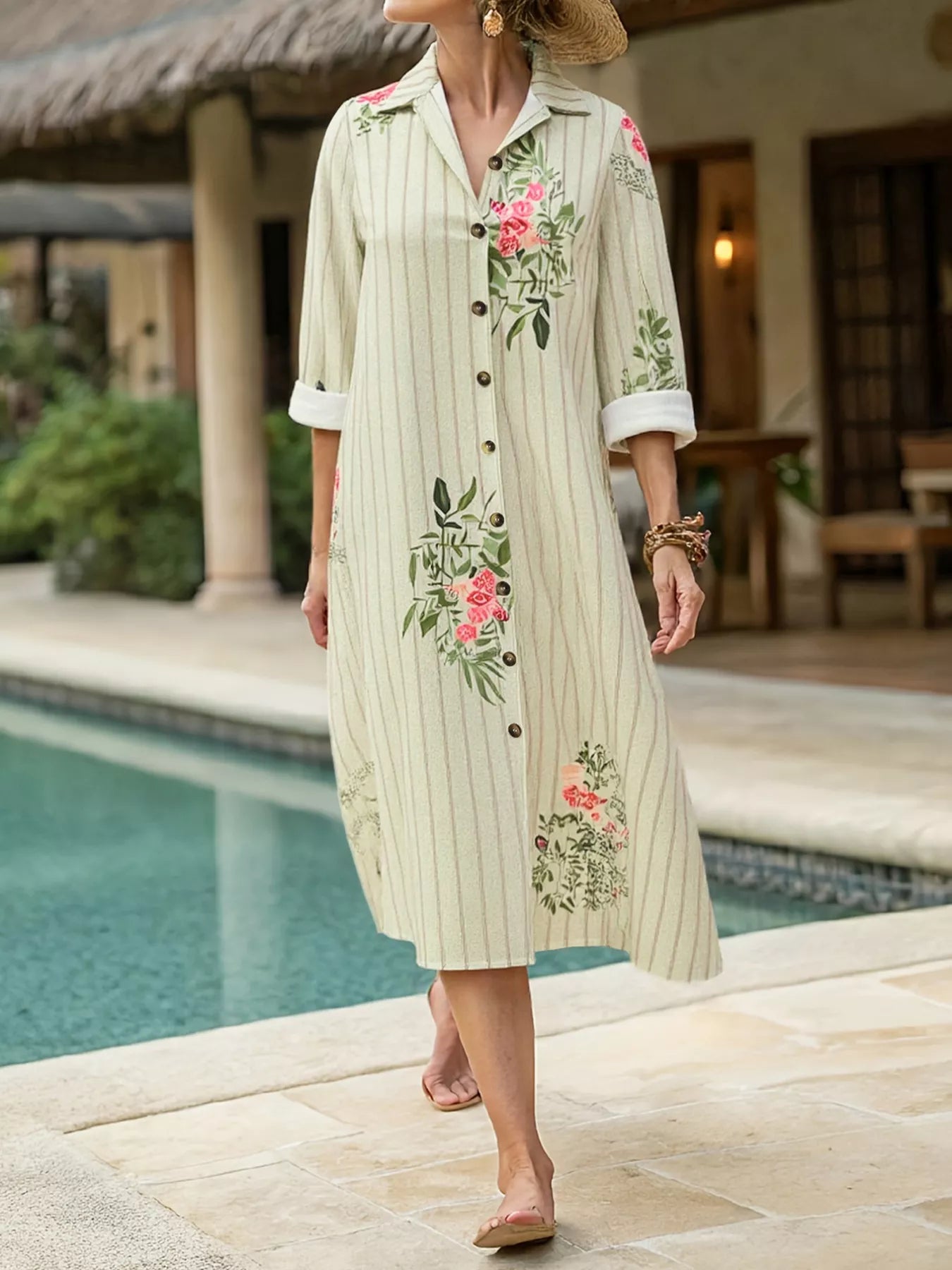 Sarah Express Women's Plus Size Floral Striped Button-Down Midi Shirt Dress Cream