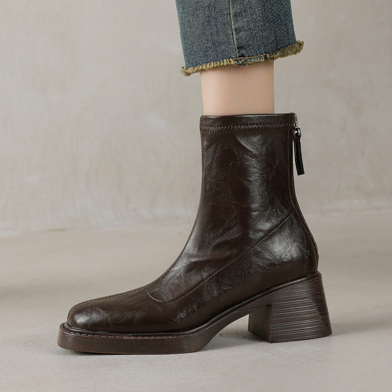 Sarah Express Slimming Versatile Chunky Mid-heel Square-toe Ankle Boots For Women Brown With Velvet Lining