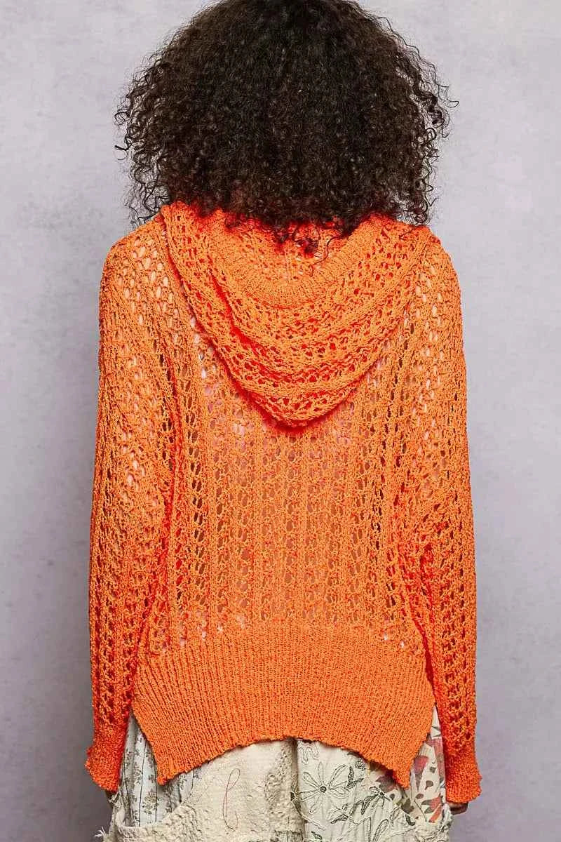 Sarah Express Women's Openwork Knit Top - Round Neck High Low Sweater