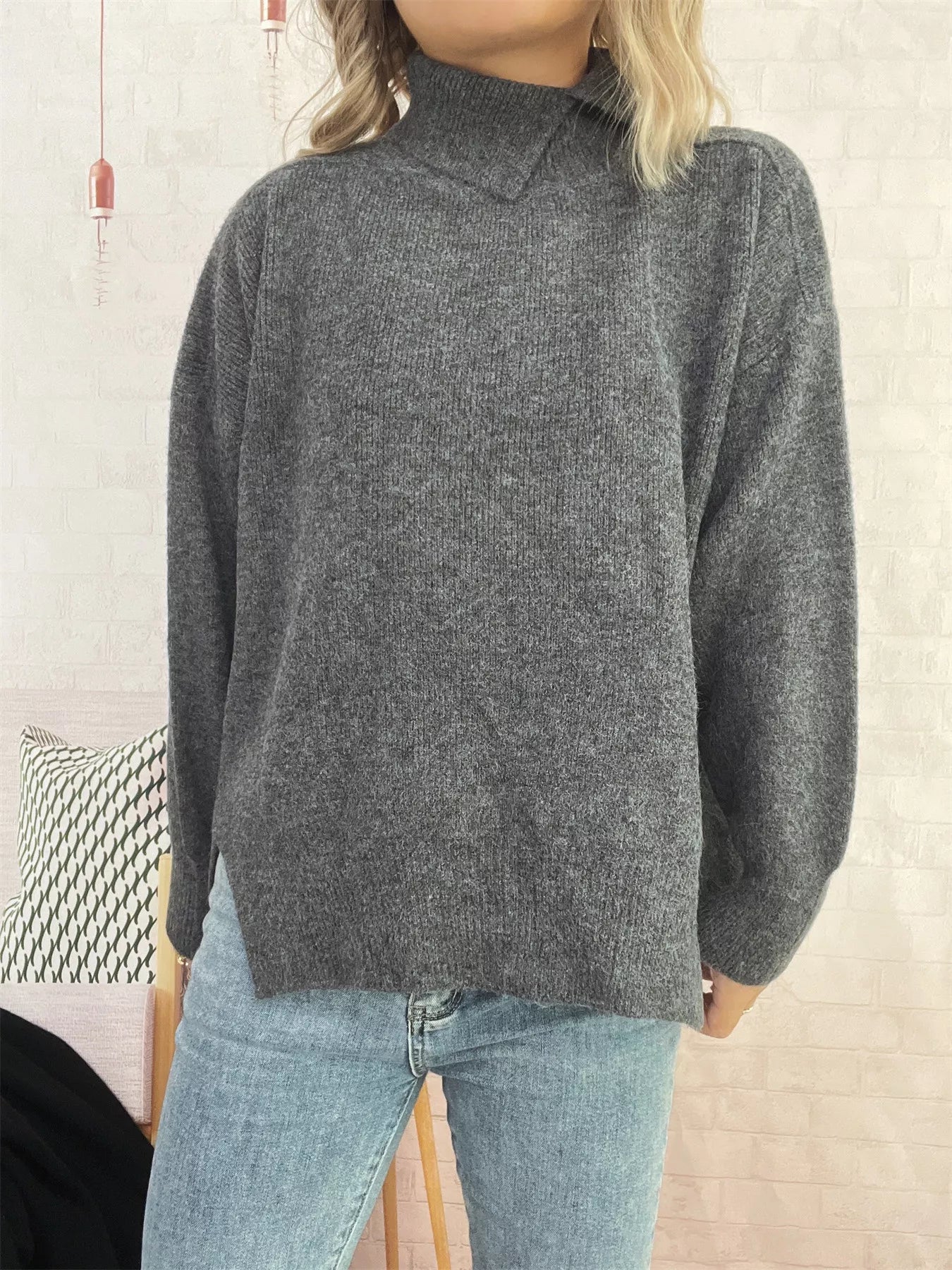 Sarah Express Women's Slit Turtleneck Long Sleeve Sweater Dark Gray One Size